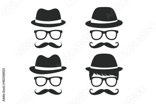 Gentleman silhouette collection showing a man with glasses, a classic fedora hat, and a styled mustache, perfect for anonymous character visuals, incognito symbols, detective ideas, spy concepts, 