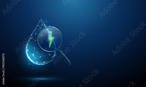 Drop of water under a magnifying glass with a green lightning bolt inside. Eco-friendly technology, scientific research, energy innovation concept.