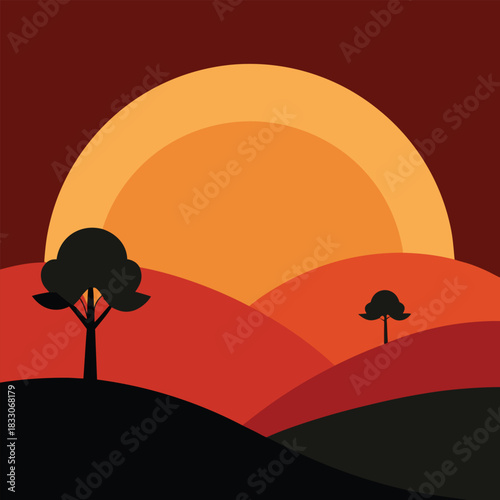 Minimalist sunset landscape with rolling hills and subtle trees isolated on white background