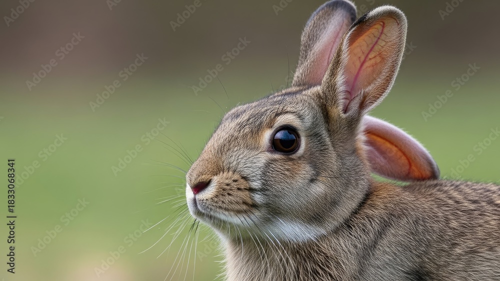 Fototapeta premium Adorable Wild Rabbit Looking Curiously in Green Grassy Field
