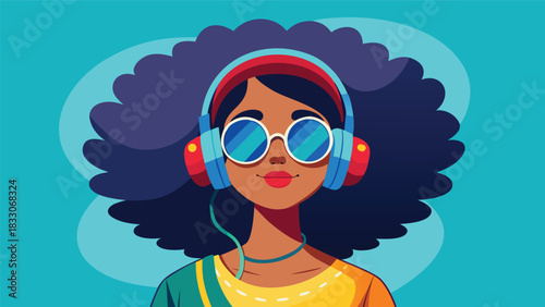 A cartoon woman with curly dark hair wearing red headphones and blue sunglasses enjoying music
