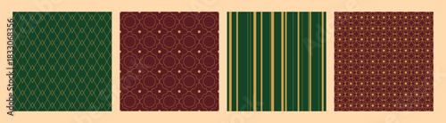 Set of vintage-style Christmas patterns with elegant golden lines. Designed in deep green and burgundy palettes with gold line-art details, stripes and ornate. Holiday cards.