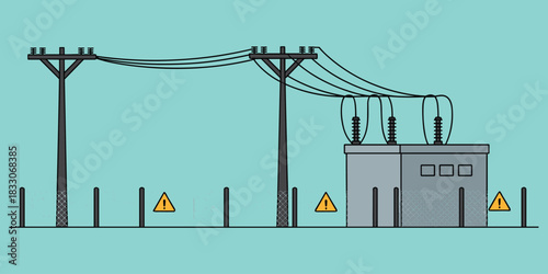 Electrical substation with power lines, fence, and warning signs on a teal background power station electricity