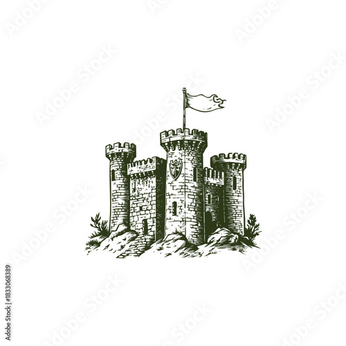 Classic vintage woodcut illustration of a medieval stone castle with high turreted towers and battlements, resting on a rocky mound