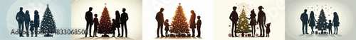 Silhouette of a small family standing around a Christmas tree. Vector, minimalist, illustration, icon set.