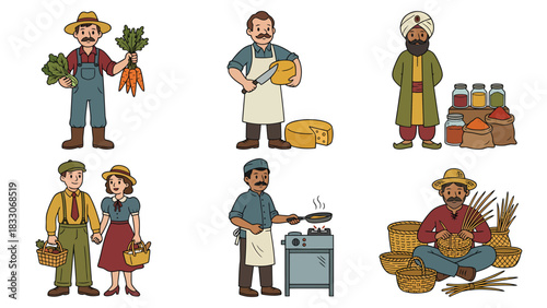 Diverse Artisan Characters: Farmers, Chefs, and Merchants