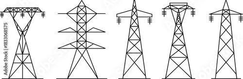 Five diverse electricity pylon tower outlines on a white background Keywords: electricity, power, pylon, tower, transmission