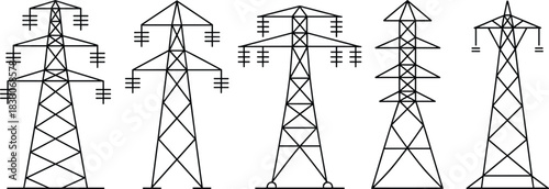 Five Distinct Black Outline Electricity Transmission Towers power pylon