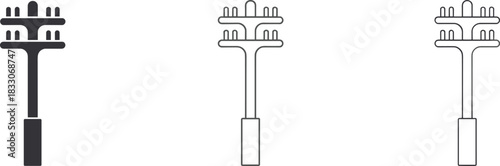 Icon variations of a utility pole crossarm with insulators on white background electricity power line