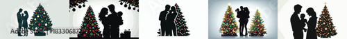 Silhouette of a small family standing around a Christmas tree. Vector, minimalist, illustration, icon set.