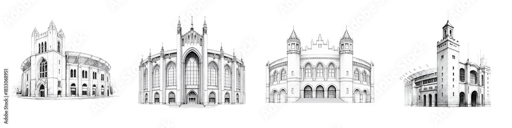 Fototapeta premium Black and White Ink Sketches of European City Landmarks