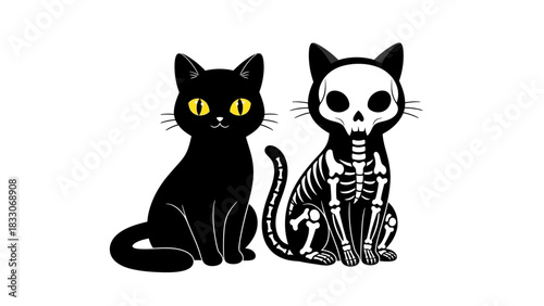 Cute Spooky Black Cat & Skeleton Cat Illustration | Minimalist Halloween Art