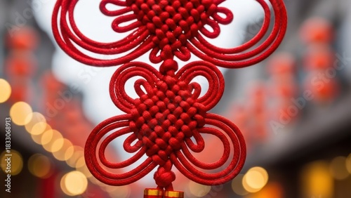 Intricate red Chinese knot decoration hanging with a festive bokeh light background.
