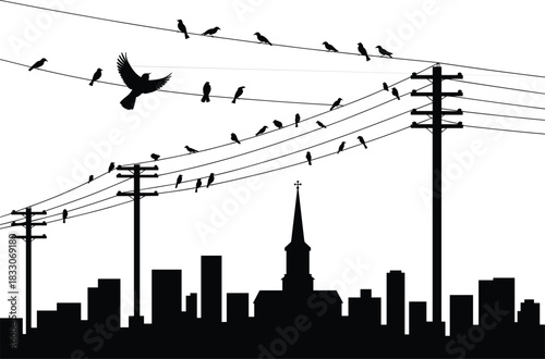 Silhouette of birds perched on power lines above a city skyline with church electricity