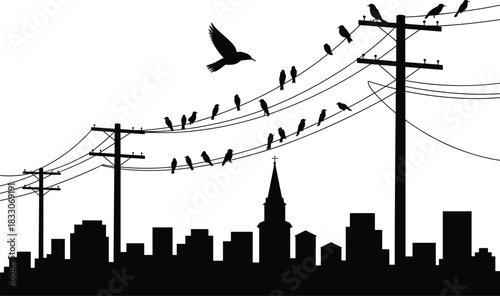 Silhouette of birds on power lines above a city skyline with a church steeple electricity