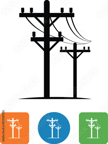 Silhouette of telephone poles with wires and icon variations on white background power pole electricity