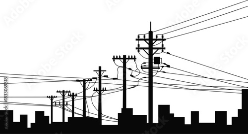 Silhouette of multiple utility poles and city skyline with tangled power lines against white electricity
