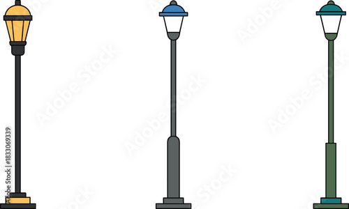 Three colorful street lamps with distinct designs on white background lamppost outdoor lighting