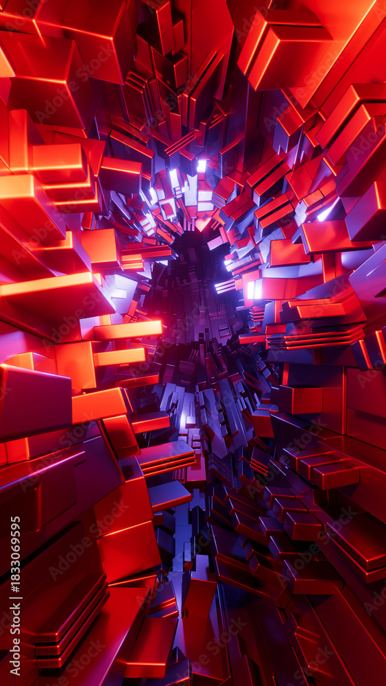 Fototapeta premium 3D render. Abstract futuristic geometric greeble background. Chaotic metal structure illuminated with violet and red neon light