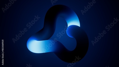 Fluid neon tube bends into a soft organic knot in blue tones. Minimal abstract curve with glowing edges on dark. Abstract 3d render illustration.