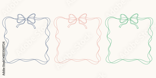 Set of square whimsical bow ribbon frames. Hand drawn vintage frames in marine sea coastal style. Minimalist coquette vector borders. wedding, birthday party, invitations.