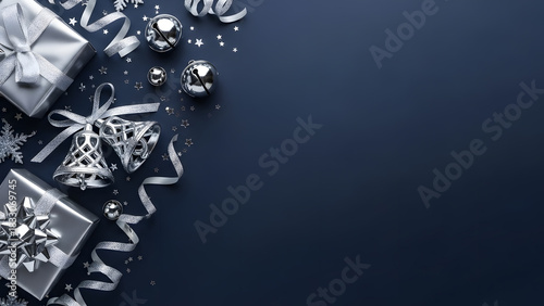 Elegant silver christmas gifts and decorations on a dark blue background