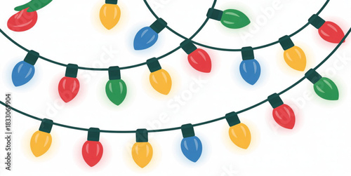 Realistic vector Christmas lights set, glowing colorful bulbs in red, blue, green, yellow. Hanging string light garlands with soft illumination, seamless pattern on clean white background. Holiday dec
