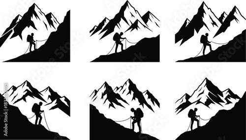 Silhouette of a climber ascending a steep mountain with a rope and poles climbing