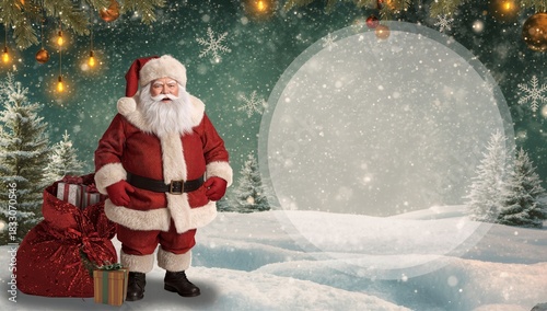 Cheerful Santa Claus Standing in a Snowy Winter Landscape With Christmas Tree...