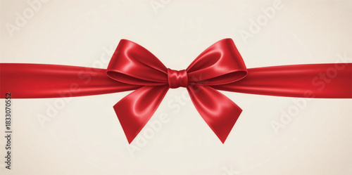 Realistic shiny red gift ribbon with tied bow, smooth satin texture, elegant glossy finish. Vector isolated design element on white background, perfect for holiday packaging, sale banners, gift cards,