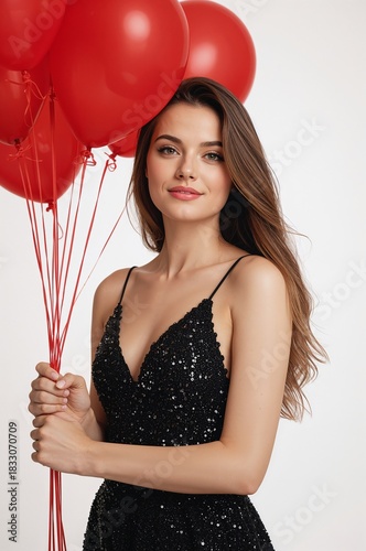 Elegant Woman in Black Dress Holding Red Balloons for a Celebration