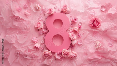 Pink Rose Number Eight Decoration on a Soft Pink Background With Petals