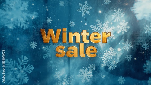 Winter Sale Event Featuring Snowflakes and Promotional Text on a Blue Background