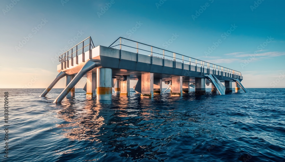 Obraz premium Coastal Observation Deck at Sunrise/Sunset Marine Architecture, Ocean Platform, Elevated Structure, Seascape, Blue Hour, Sky, Water, Horizon, Reflection, Calm, Serene, Tourist Spot