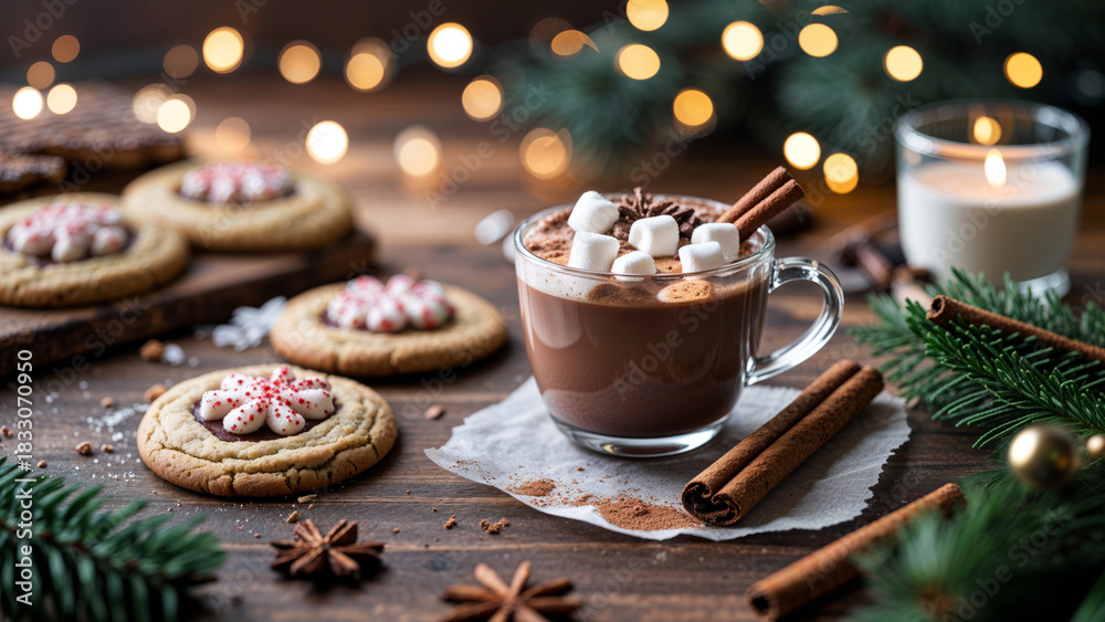 Fototapeta premium Christmas Hot Chocolate with Marshmallows and Holiday Cookies on Festive Table