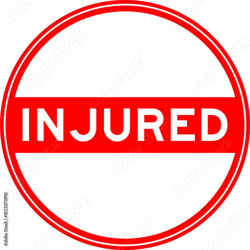 Red color round seal sticker in word injured on white background