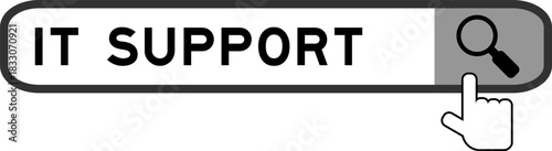 Search banner in word IT support with hand over magnifier icon on white background