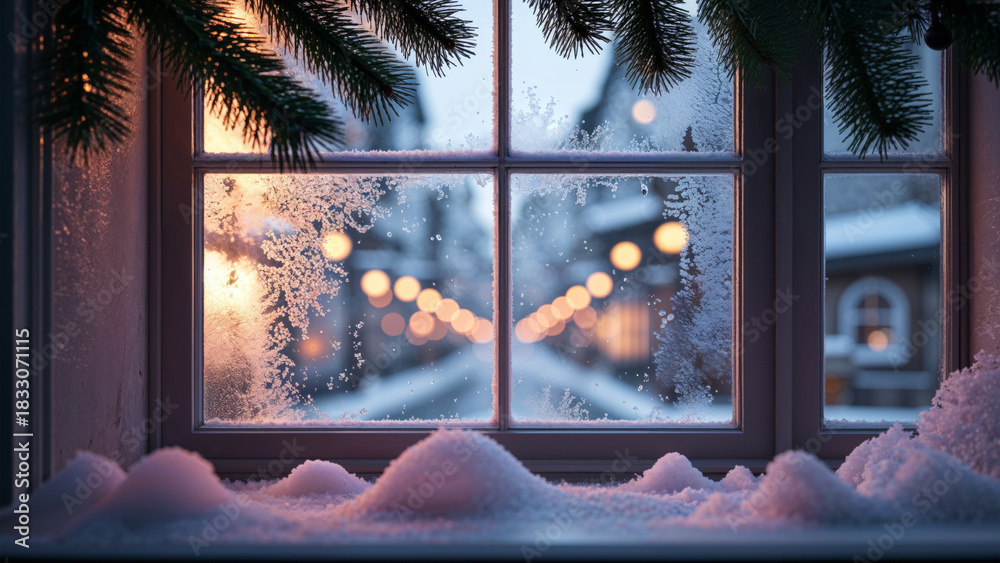 Fototapeta premium Frosty Winter Window with Snow and Warm Lights Outdoors