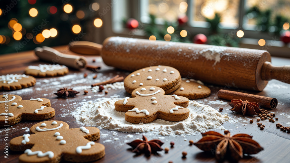 Obraz premium Christmas Gingerbread Cookies with Baking Ingredients and Rolling Pin