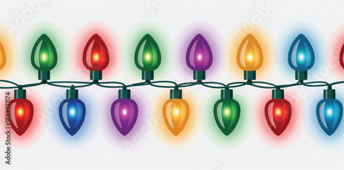 Vector illustration of vibrant glowing Christmas lights, multicolor bulbs, warm shine, hanging garlands. Seamless repeating pattern on white backdrop, holiday decor elements perfect for New Year backg