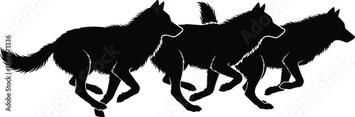 Black silhouette of a young woman standing in a dress looking at a large sitting dog, flat vector illustration depicting pet companionship and loyalty on white background