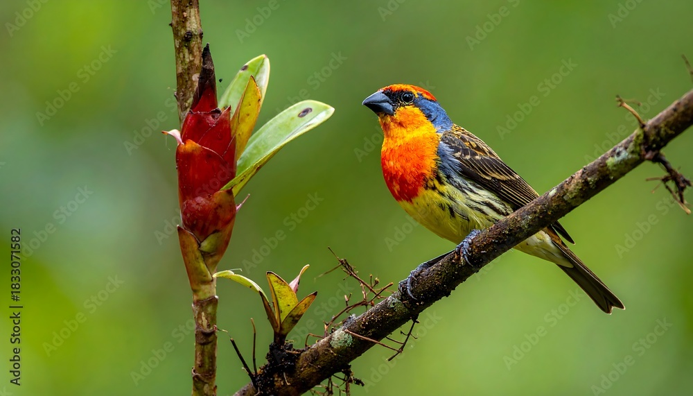 Fototapeta premium Colorful tanager perched on branch, red flower nearby. Soft green background creating focus