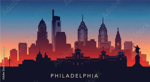 Philadelphia skyline at sunset with vibrant colors