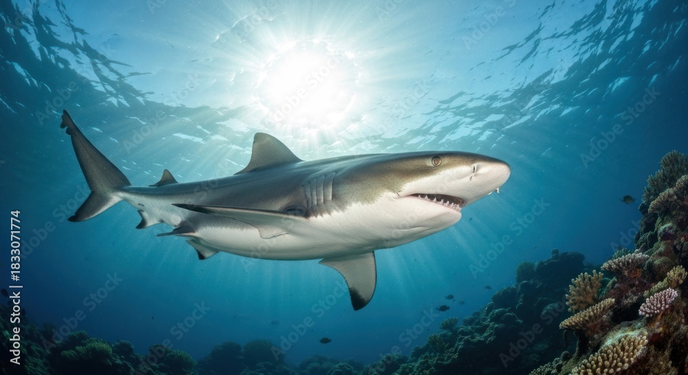 Fototapeta premium Shark in coral reef underwater scene. Sunlight streams through the water