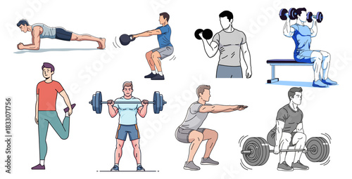 set collection of diverse men doing various exercises like planks and weightlifting moves.