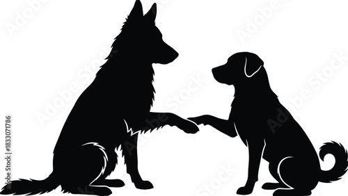 Black silhouette of two different dog breeds, a German Shepherd and a Labrador, sitting and shaking paws, flat vector illustration of pet friendship on white background