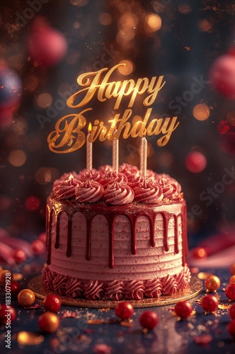 Delicious Pink Birthday Cake Decorated With Candles and Festive Ornaments in ...