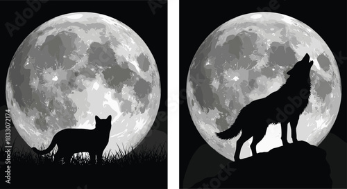 Black silhouette of a howling wolf on a rock and a cat in the grass against two huge, realistic full moons, vector diptych illustration on dark background