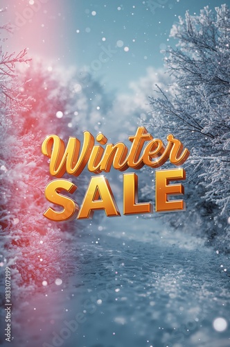 Winter Sale Event Showcasing a Snowy Landscape With Bright Text Inviting Shop...