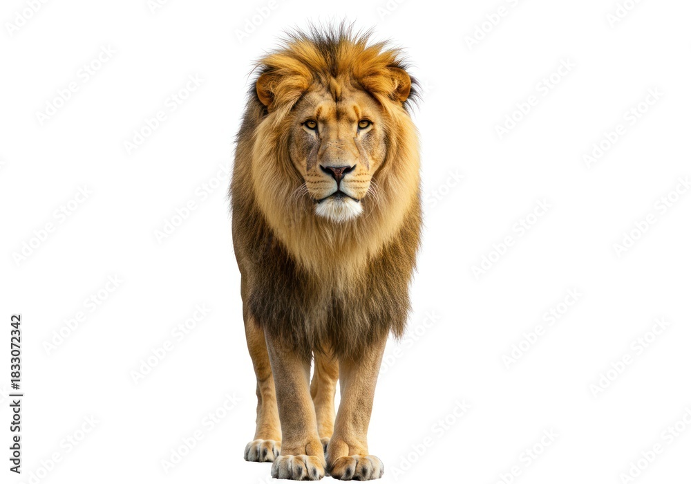 Obraz premium Majestic Male Lion Walking in White Background with Golden Mane